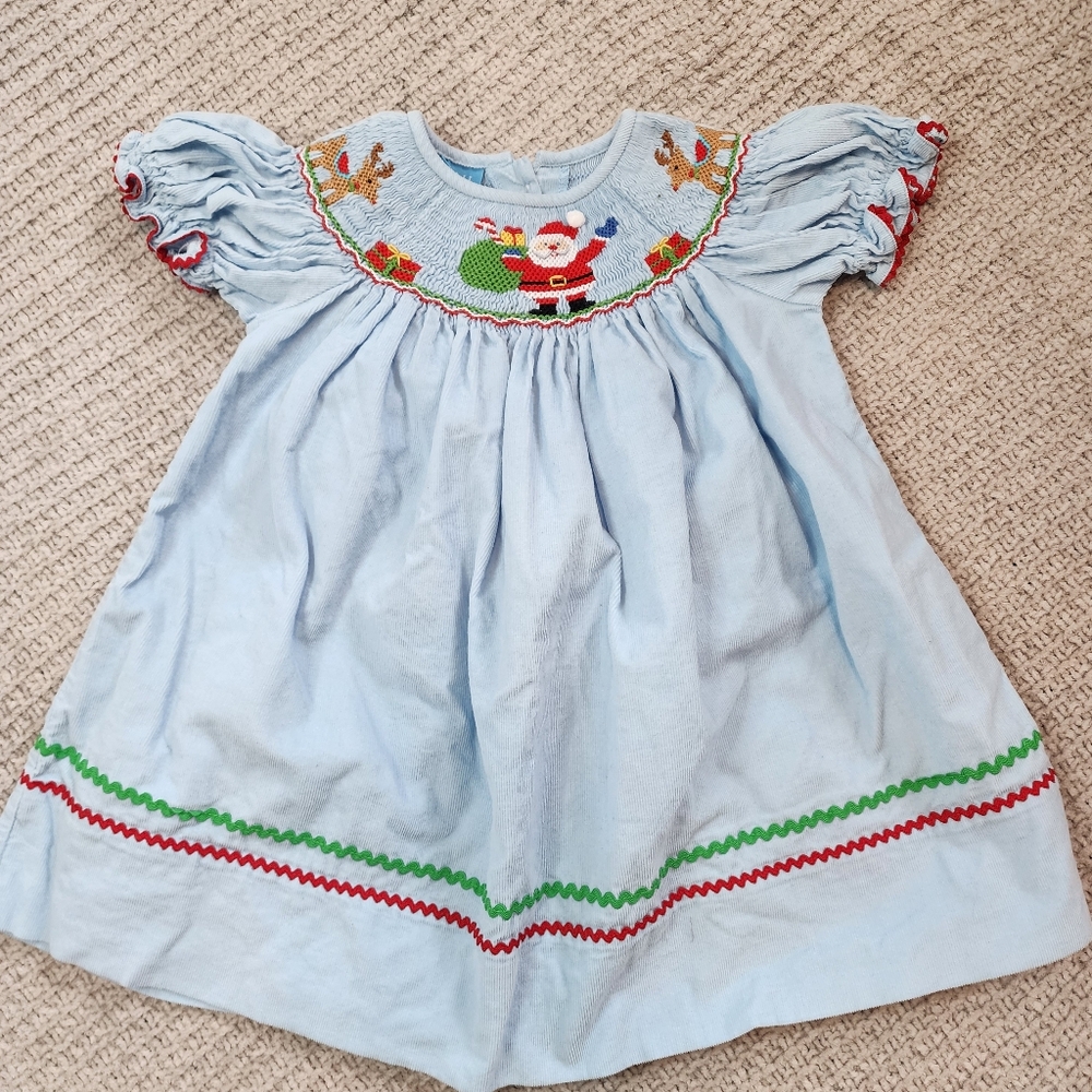 Blue Kids Casual Dress with Santa Embroidery